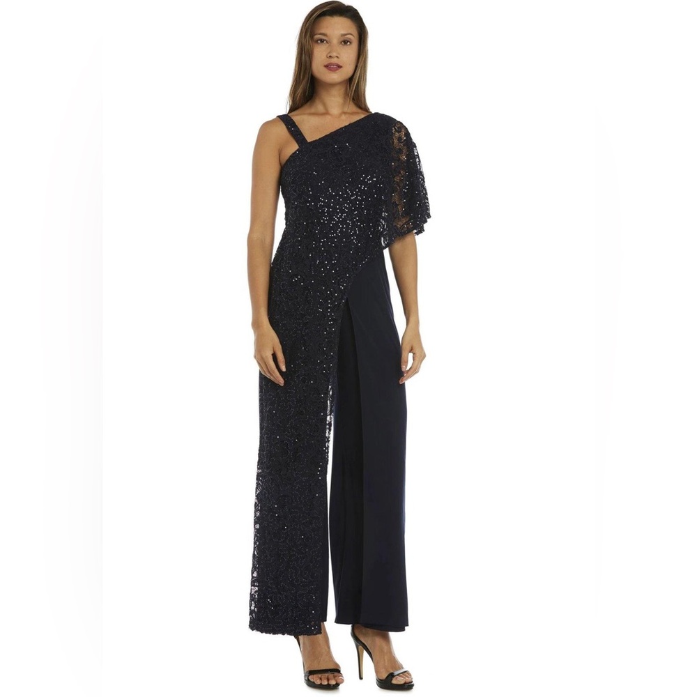 NWT R&M Richards Navy Blue Sequined Lace Asymmetrical Neckline Evening Jumpsuit